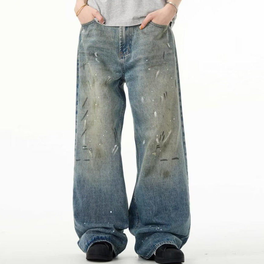 Splash-ink Jeans Men's and Women’s Retro Washed Distressed Trousers